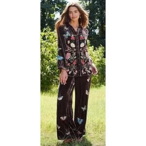NWT JOHNNY WAS Embroidered Velvet Floral Wide Leg Coordinating Pull-On XS Pants